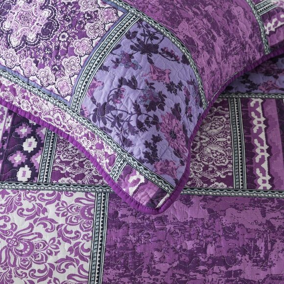 King Quilt Set/Soft Reversible Bed Cover, 2 Pillow Shams/ Floragrid Purple / NEW - Picture 2 of 6